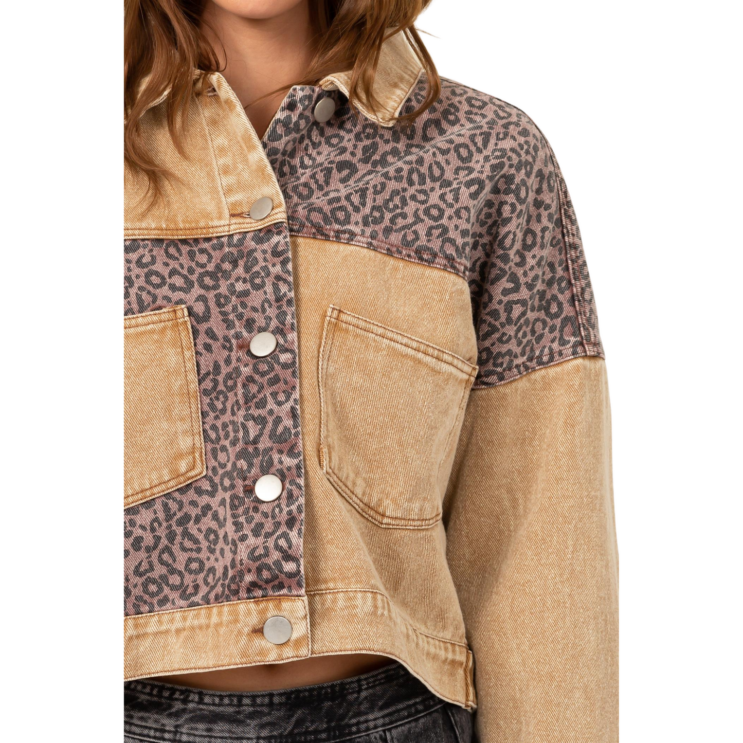 Hyfve Color Block Cheetah Denim Jacket (S-L)
