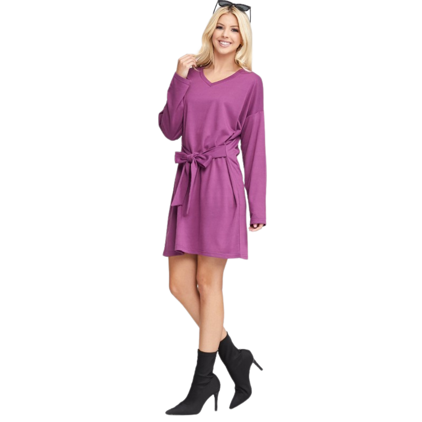 Ninexis Long Sleeve Tie Dress (Black or Plum S-XL)