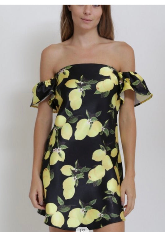 Rosette Off Shoulder Lemon Dress (Black or Burgundy S-L)